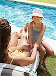 Mother and daughter sitting by swimming pool