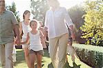 Family walking together in backyard