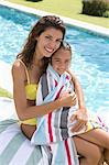 Mother and daughter relaxing by swimming pool