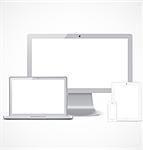 Set of white realistic display, laptop, tablet computer and mobile phone template