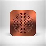 Technology app icon (button) template with bronze metal texture (chrome, steel, copper), circle perforated speaker grill pattern and light background for user interfaces (UI) and applications (apps).