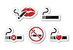 Vector red and black labels set - smoking cigarettes, forbidden smoking sign isolated on white