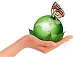 Green world with leaf and butterfly in woman hand. Vector illustration.