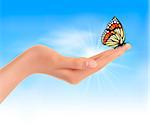 Hand holding a butterfly against a blue sky. Vector illustration.