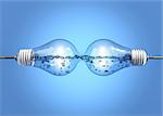 Two incandescent light bulbs filled with liquid and linked together