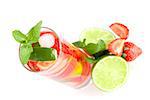 Cocktail collection: Strawberry mojito with lime and mint isolated on white background. Small DOF