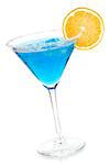 Cocktail collection - Blue martini with orange slice. Isolated on white background