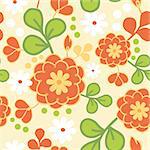 Vector orange kimono seamless pattern background with hand drawn colorful flowers.