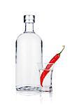 Bottle of vodka and shot glass with red chili pepper. Isolated on white background