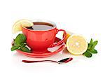 Red tea cup with lemon and mint. Isolated on white background