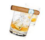 Two whiskey glasses and cigar. Isolated on white background
