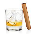 Whiskey glass and cigar. Isolated on white background