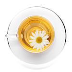 Cup of tea with chamomile flower. View from above. Isolated on white background