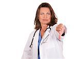 female doctor showing thumbs down gesture on white background