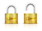 Metallic Padlock. Locked and unlocked Padlocks isolated on white background. Key embossed on padlock. Vector illustration