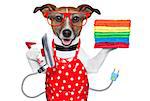 housewife dog ironing with a red apron and a stack of colorful towels