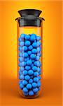 Test tubes with spheres on orange background. 3d illustration