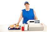 Friendly fast food worker serves food and runs the cash register.  White background.
