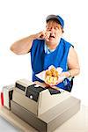 Unhygienic fast food worker sneezing on someone's meal.  White background.