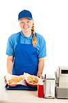 Teenage worker serves meal in a fast food restaurant.  White background