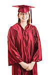 Portrait of proud female high school graduate, isolated on white background.