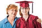 Smiling high school graduate and her proud mother.  White background.