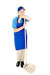 Bored teen girl in work uniform, mopping the floor.  Full body isolated on white.