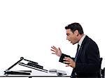 relationship between a caucasian man and a computer display monitor on isolated white background expressing breakdown surprise concept