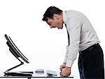 caucasian man and a computer display monitor on isolated white background expressing  bug  conflict rejection concept