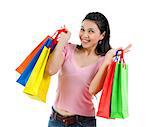 Happy Asian shopping woman smiling holding many shopping bags. Casual Asian shopper girl isolated on white background. Beautiful mixed race Caucasian Southeast Asian woman model.