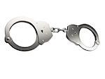 Render of reflective metallic handcuffs closed with white background