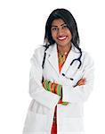 Confident Indian female doctor portrait, crossed arms isolated on white background.