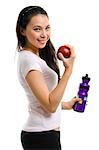 Healthy lifestyle concept. Fitness woman eating apple smiling happy looking at camera. Pretty mixed race Caucasian Southeast Asian woman isolated on white background.