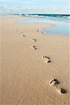 Human footprints on the beach sand leading away from the viewer