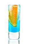 Alcohol cocktail with blue curacao and orange isolated on white background