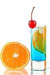 Alcohol cocktail with blue curacao, orange and maraschino isolated on white background