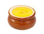 English or American mustard served in a small ceramic pot, isolated on a white background