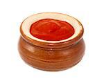 Tomato ketchup served in a small ceramic pot, isolated on a white background