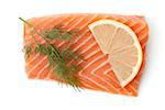Fresh salmon piece with lemon slice and dill. Isolated on white background