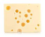 Piece of cheese with heart shape holes. Isolated on white background