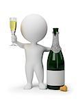 3d small people with a bottle of champagne and a wine glass. 3d image. Isolated white background.