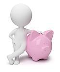 3d small people with a coin box in the form of a pig. 3d image. Isolated white background.