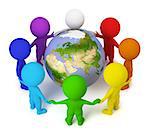 3d small people joined hands round the Earth. 3d image. Isolated white background.