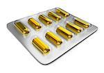 Gold ingots in packing for tablets on the white isolated background