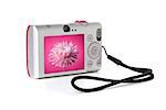 Compact digital camera with pink flower on display. Isolated on white background