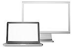 Laptop with external display. Blank white screen. Isolated on white background