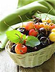 ripe berries cherries in a wicker basket