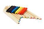 Arrangement of Wood Color Pencils and Rainbow Colored Crayon Chalks isolated on white background
