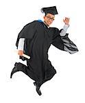 Full body excited Asian male university student in graduation gown jumping high or running isolated on white background