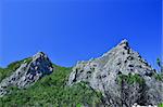 Two beautiful peaks covered with green vegetation on the background of blue sky, Spain La Gomera